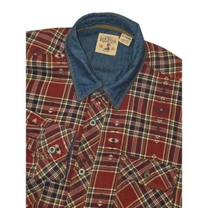 Red Head Plaid Flannel Shirt Denim Collar XL Western Workwear Aztec Cotton